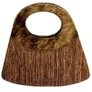 Leather Fur & Woven Pima Cotton Handbag 13” Brown Structured Purse Handmade Peru